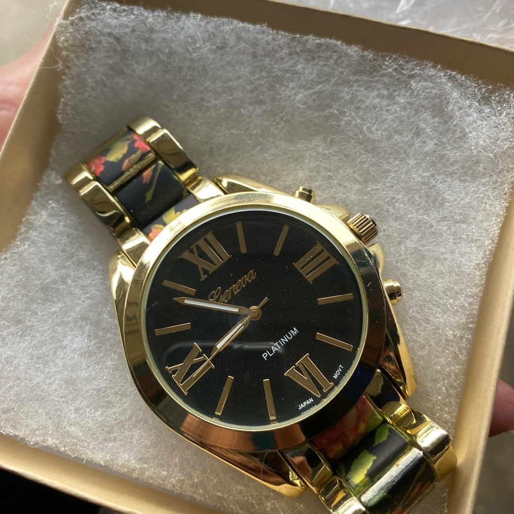 Geneva Gold Watch with Floral Strap